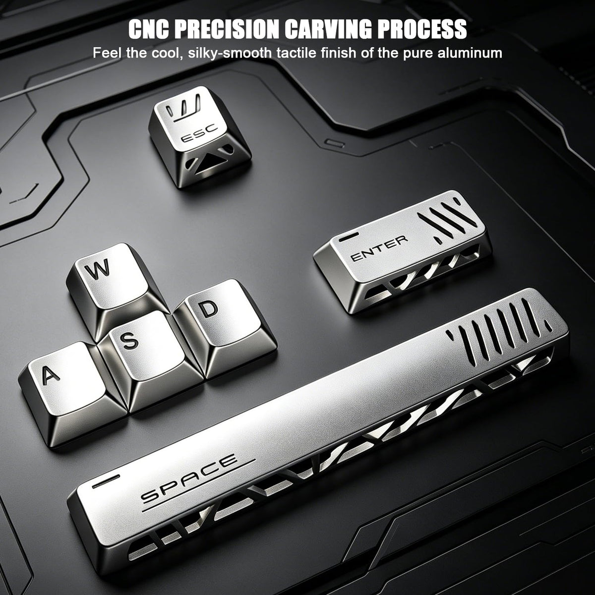 CNC Aluminum Metal Keycap Set – 7-Piece Silver