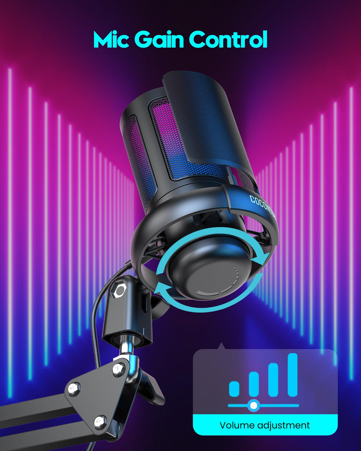USB Gaming Microphone with RGB & Adjustable Boom Arm