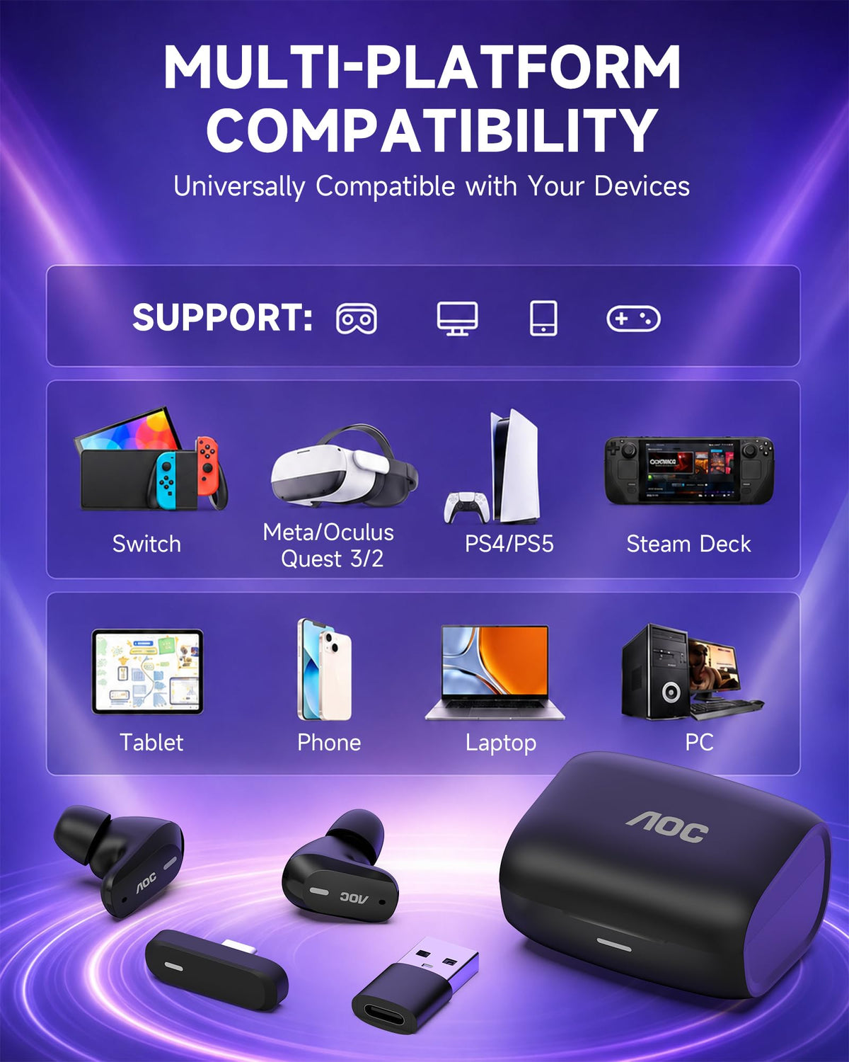 Wireless Gaming Earbuds with 2.4GHz USB-C Dongle