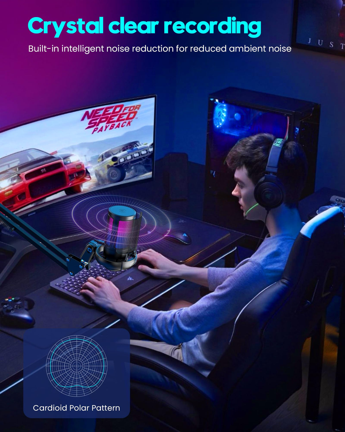 USB Gaming Microphone with RGB & Adjustable Boom Arm