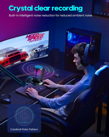USB Gaming Microphone with RGB & Adjustable Boom Arm