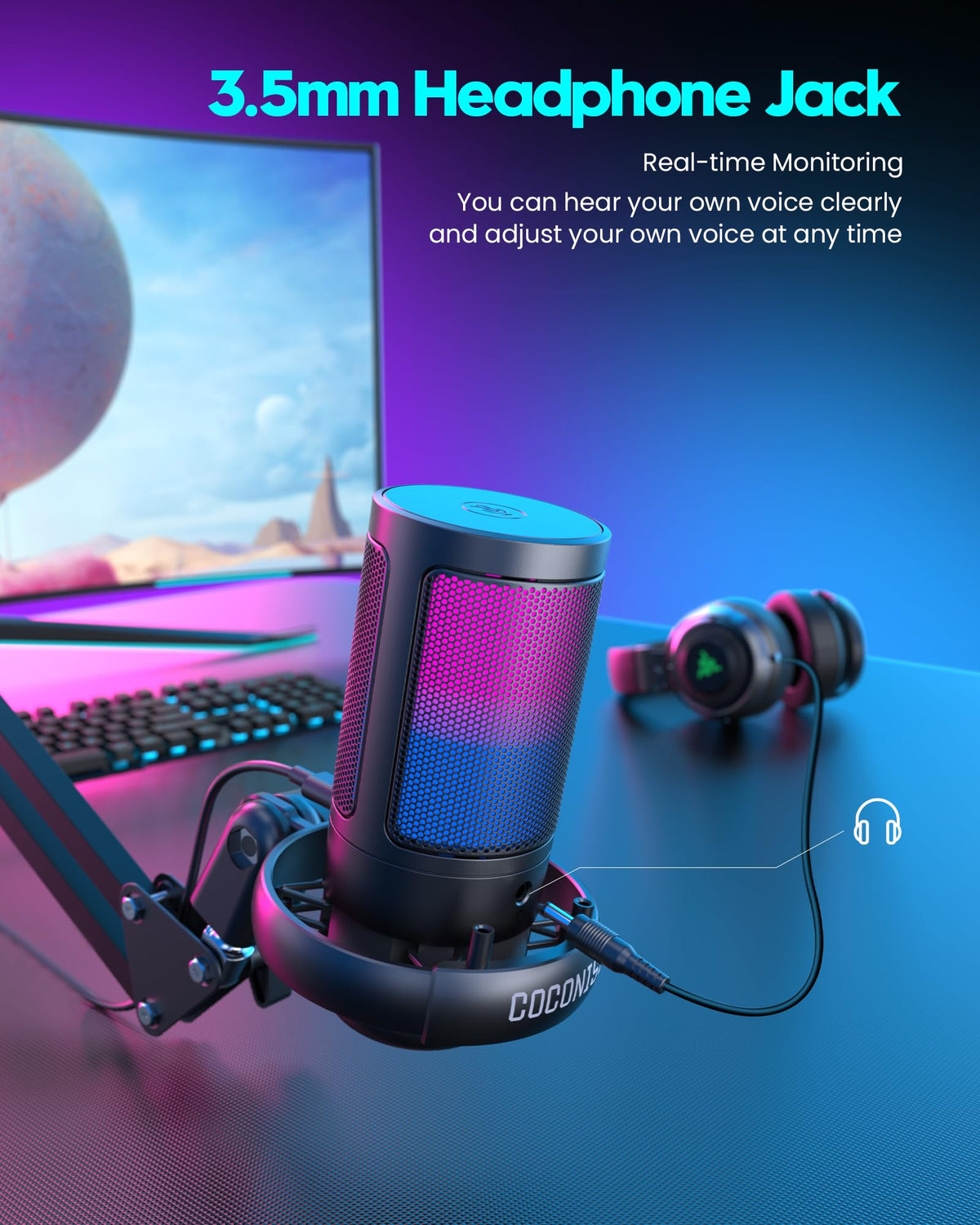 USB Gaming Microphone with RGB & Adjustable Boom Arm