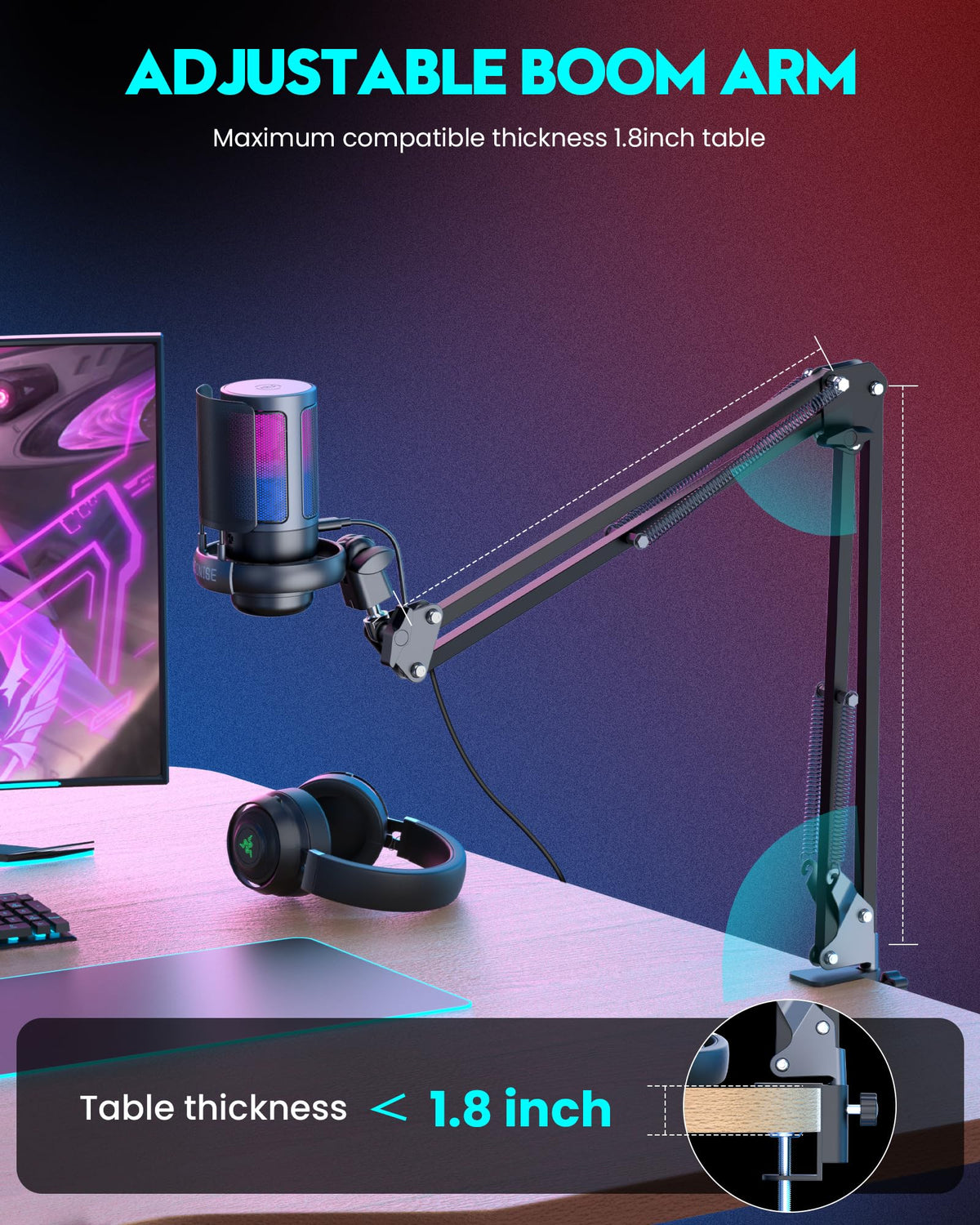 USB Gaming Microphone with RGB & Adjustable Boom Arm