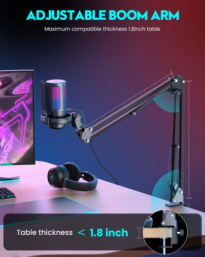 USB Gaming Microphone with RGB & Adjustable Boom Arm